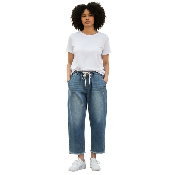 FTCayanz Denim - FTCayanz Women's Denim Jeans Wide Leg Crop Distressed Drawstring Waist XXL
